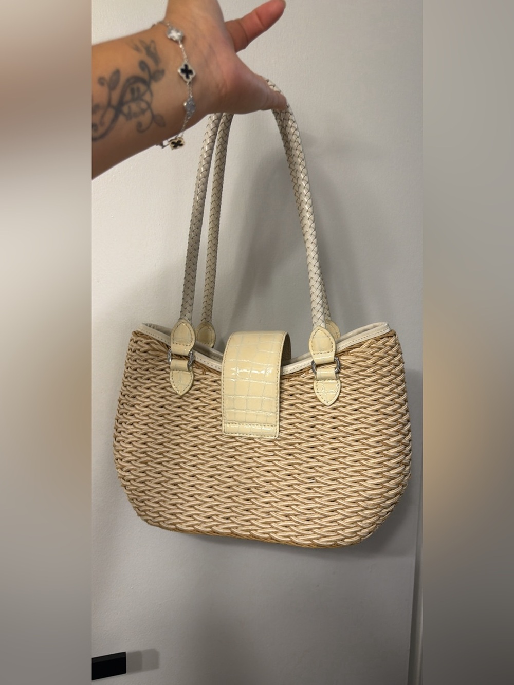 Brighton Cream Woven Straw Shoulder Bag with Croc-Trim - Picture 2 of 5
